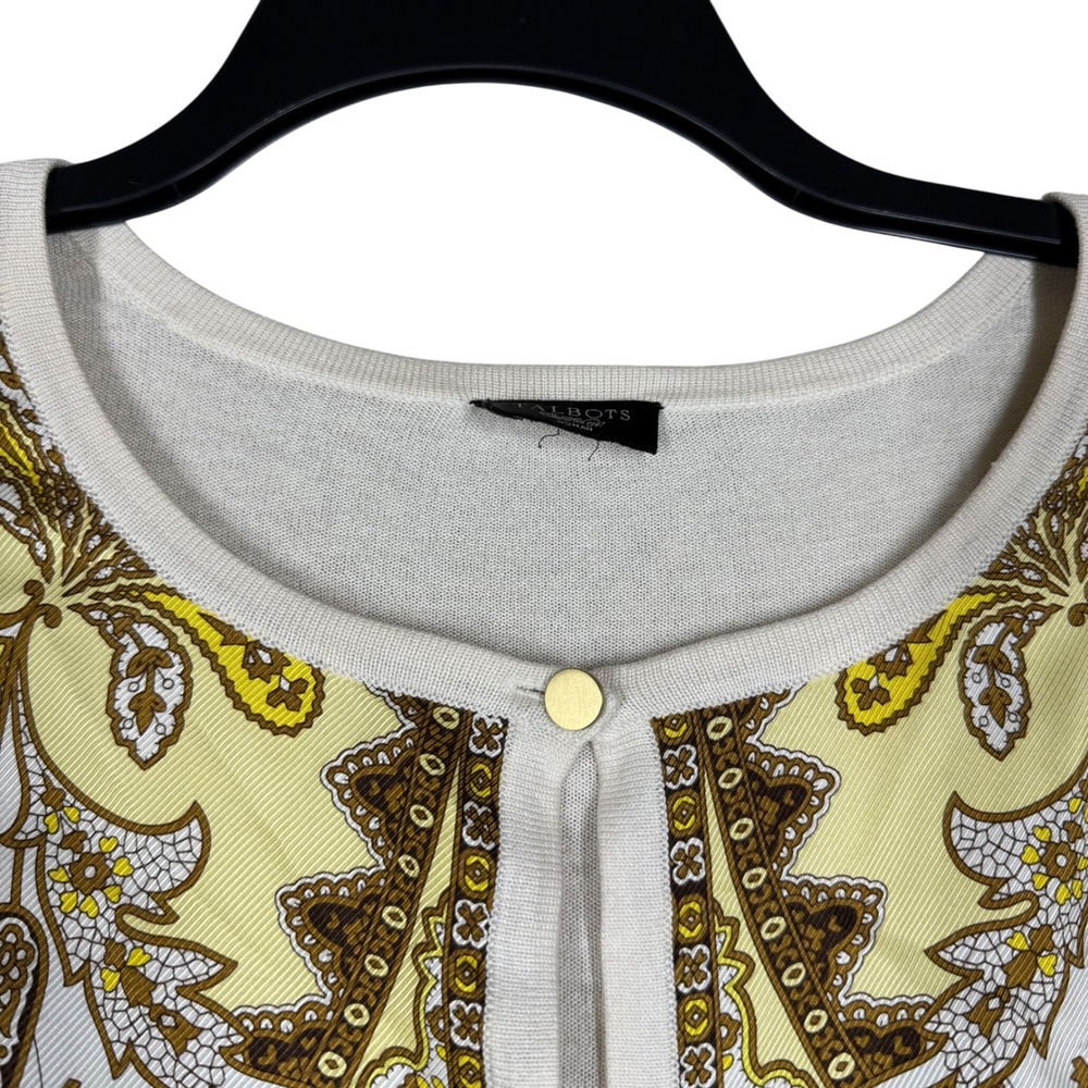 Talbots Silk Front Cardigan Women's Size 3X Yellow Brown Paisley Print Boho‎ - Picture 2 of 8